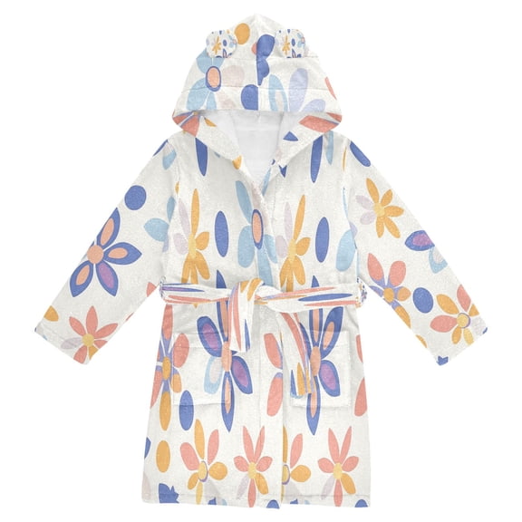 FORMRS Niños Bathrobe Unisex Hooded Robe Soft Plush Pajamas Sleepwear, Size 2-3T, Blue Retro Flower