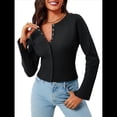thumbnail image 3 of Suéteres Cortos para Mujer, con Botones, Larga, Cuello en V, Punto Acanalado, Corte Ajustado, Tops Cortos Negro S, 3 of 10