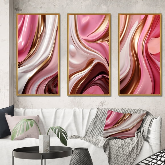 Designart "Gold Pink Succulent Alchemy Liquid Glam IV" Formes Abstraites Encadrées Ensemble de 3 - Cadre Transitionnel Doré sur Toile pour Décoration de Salon
