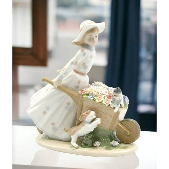 Ceramic Girl Figurine with Flower Wagon 8x4.375x9 Vintage Gift