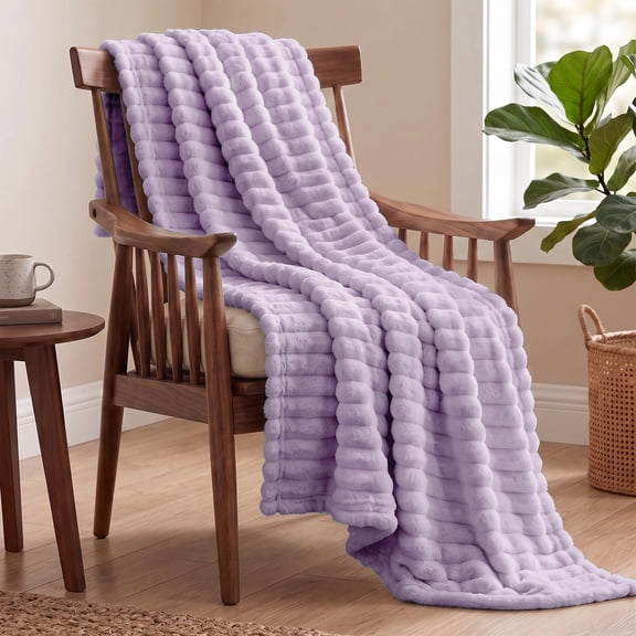 Utopia Bedding Fluffy Striped Fleece Blanket Lilac Throw, 50x60 Inches Warm, Lightweight, Ribbed, Soft, Cozy, Bed, Sofa, Chair, Home Decor, Gift
