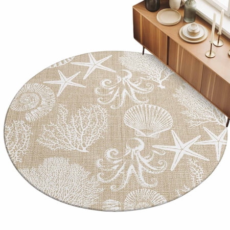 Beige Coastal 5ft Non Slip Round Area Rug Nautical Starfish Octopus Coral Summer Washable Soft Area Rugs for Living Room Indoor Circle Carpet for Bedroom Dining Room Kitchen