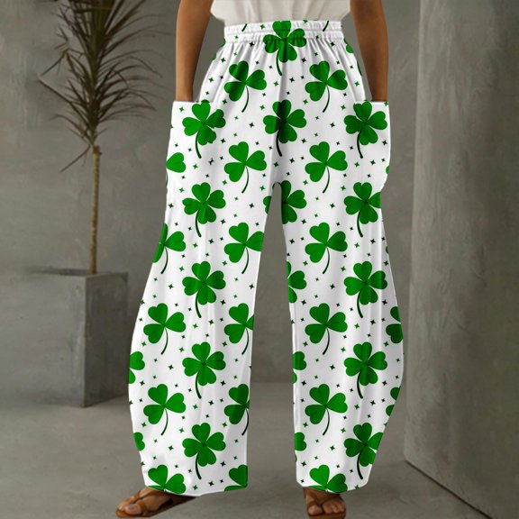 Delayuji Womens Pants Fashion Four Leaf Clover Print Casual Comfortable Wide Leg Pants Spring Outfits S-5XL