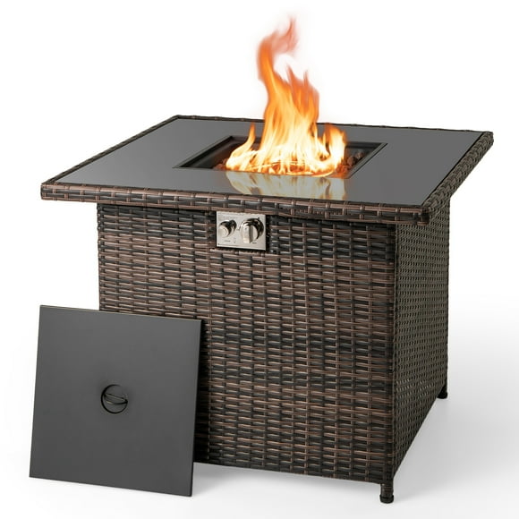 Gymax 32.5'' Propane Fire Pit Table Outdoor Wicker Gas Firepit w/Stainless Steel Burner Brown