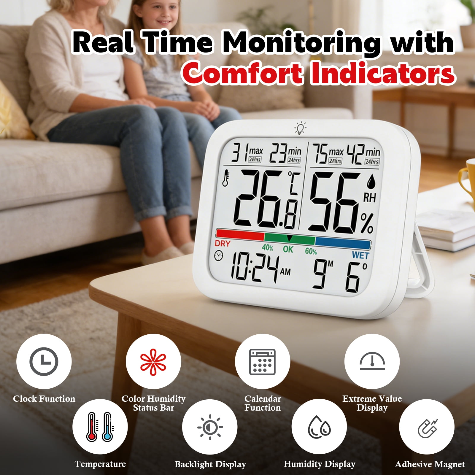 Amaopus 2 Pcs Mini Digital Indoor Thermometer Hygrometer Clock, Room Temperature Humidity Monitor with Calibration, Backlight, Air Comfort Indicator, 24H Max Min Record, Time, Date, Alarm for Home