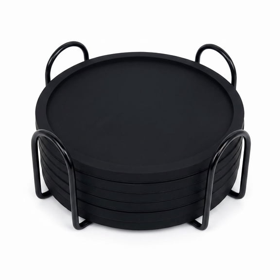 Set of 6 Black Silicone Coasters with Holder - Heat Resistant, Non-Slip Drink Pads for All Mugs & Cups (4 inch Round)