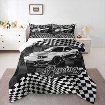Homewish Racing Car Bedding Comforter Set 2pcs for Female Men Adults,Geometric Plaid Buffalo Twin Comforter Sets Microfiber,Black White Breathable Bedding Set,Breathable Home Decor