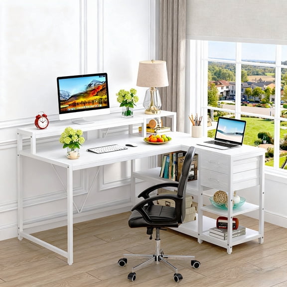 Fnova 55" Desk with Drawer, Modern Reversible L Shaped Table, Corner Computer Desk with Storage Shelves and Monitor Stand for Home Office