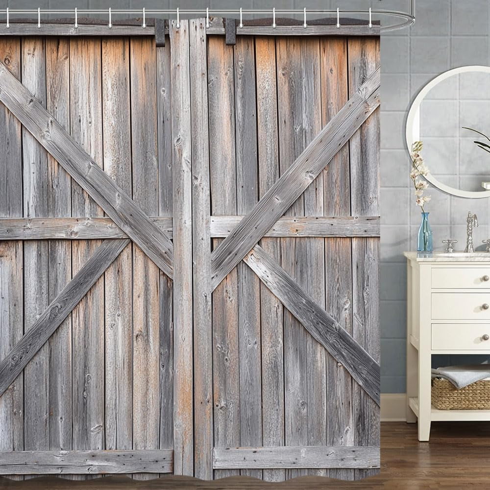Wooden Barn Door Shower Curtain, Rustic Wooden Garage Door Shower Curtain Vintage Wood Farmhouse Shower Curtain, Country Barn Door Shower Curtain with Hooks, 72X72 Inch, Grey
