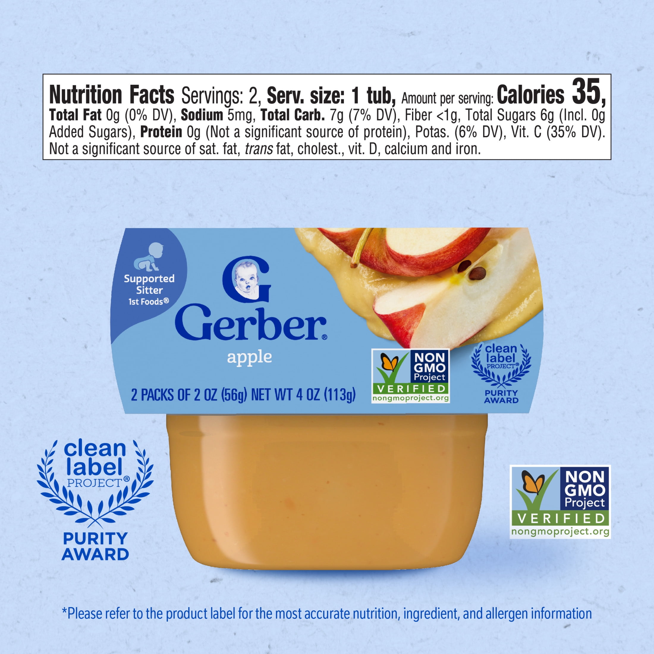 (12 pack) Gerber 1st Foods Baby Food, Apple Puree, Clean Label Project, 2 oz Tubs (2 Pack)