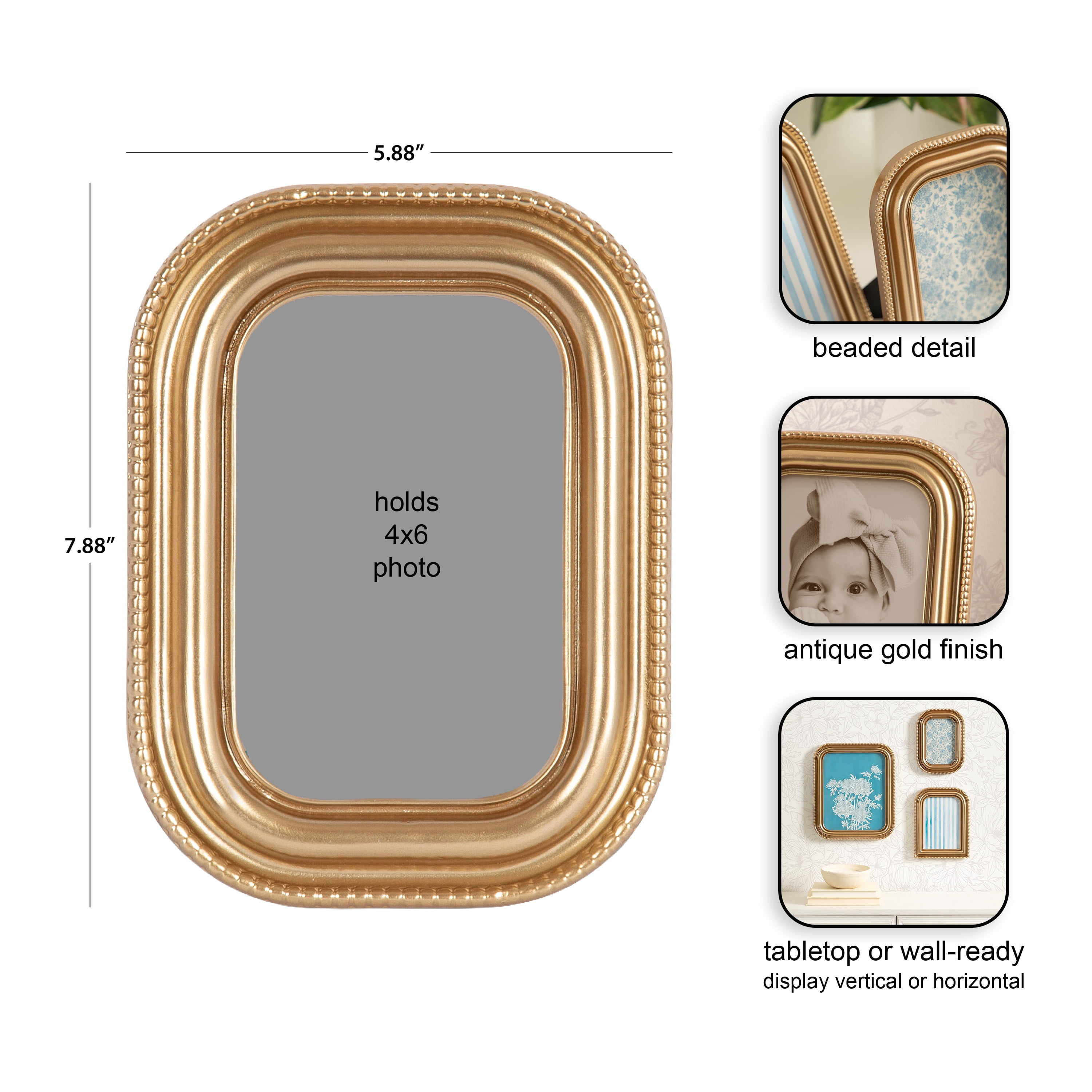 DesignOvation – 4x6 Picture Frame – Beaded Gold Tabletop Photo Frame