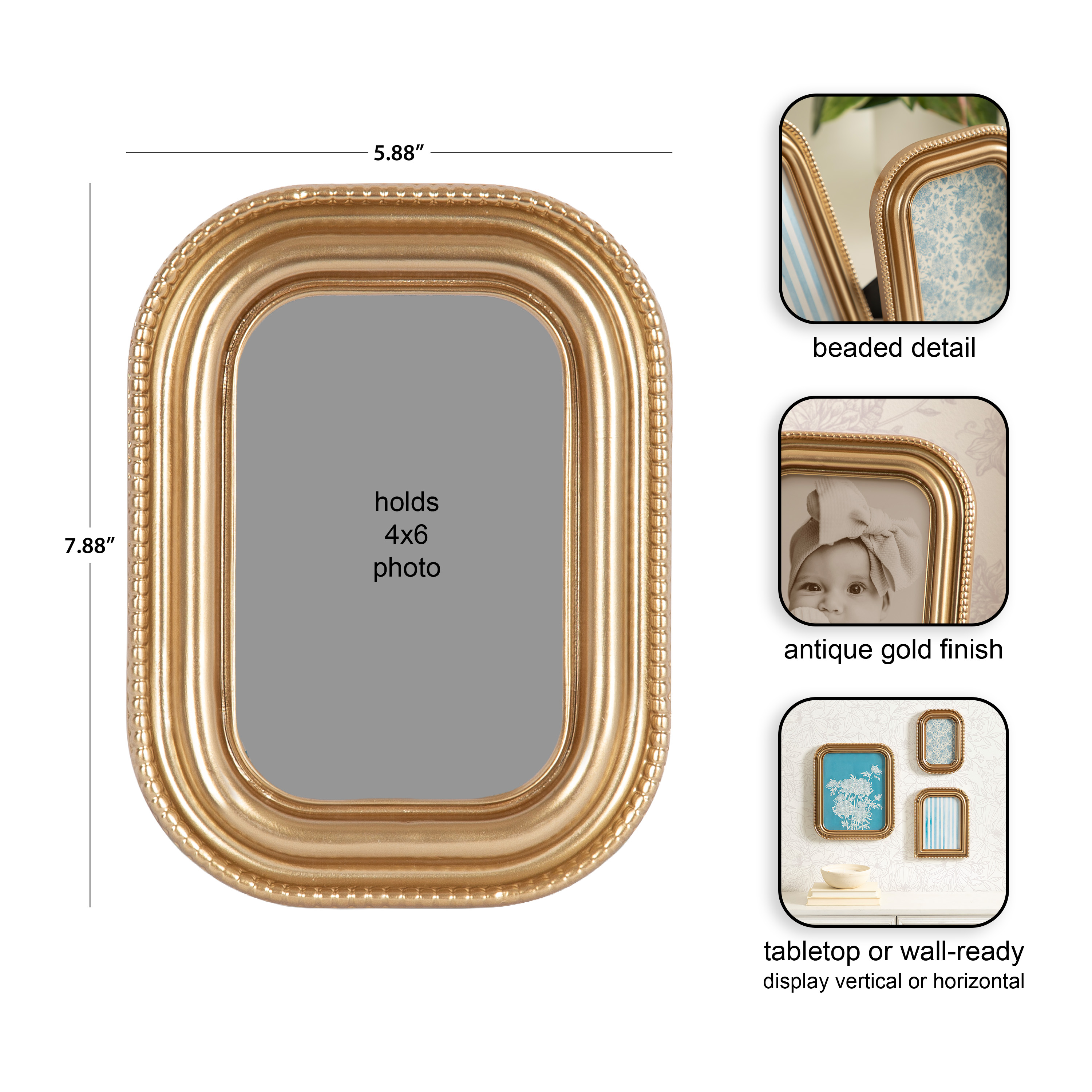 DesignOvation 4x6 Beaded Gold Picture Frame, Tabletop photo 7