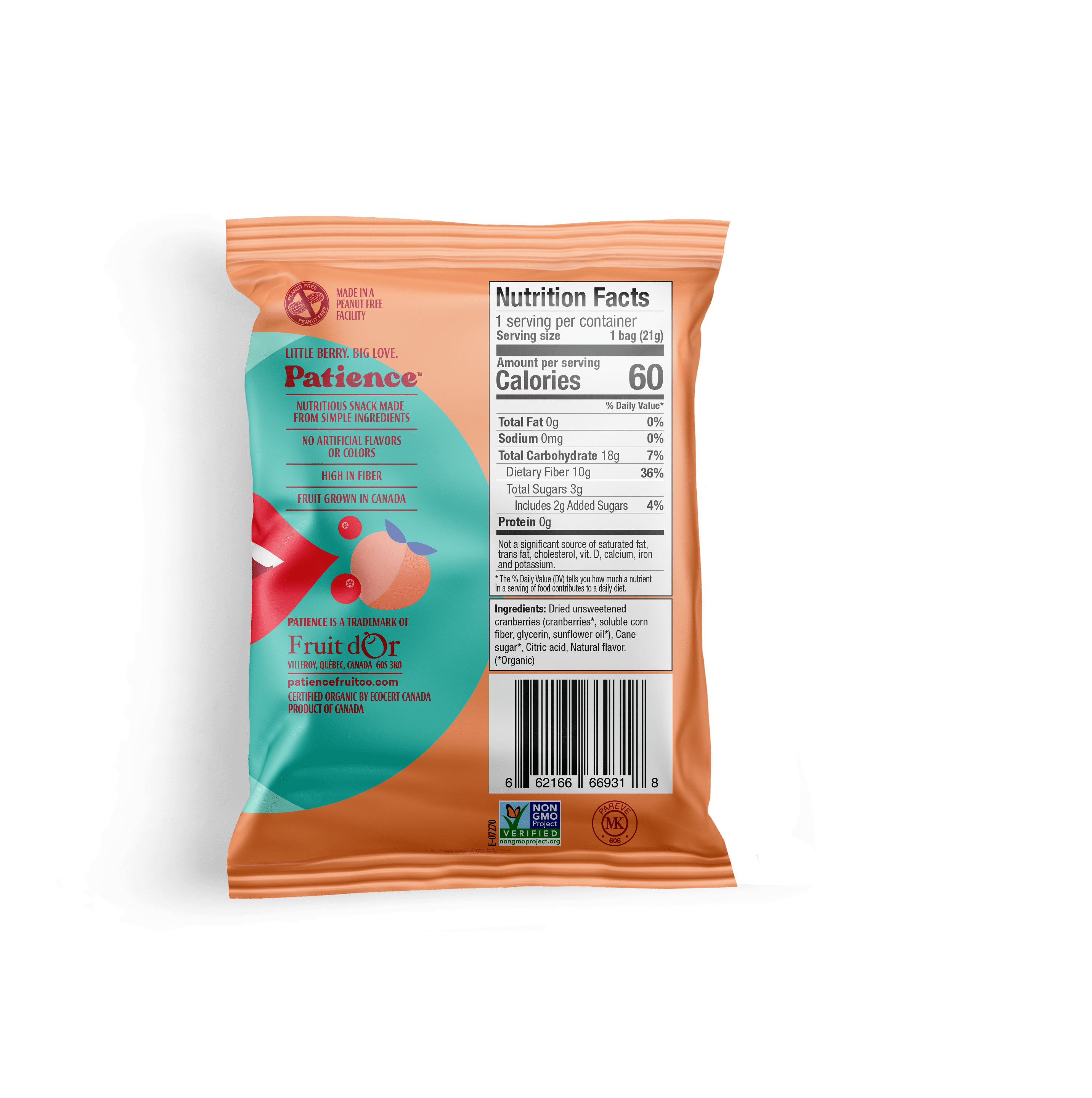Patience SourCran Dried Cranberry Fruit Snack, Peach Flavor, .75 oz, 5 Count