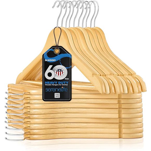 SereneLife, Wooden Hangers, Premium Clothes Hanger, Coat Hanger, Space Saving Heavy Duty Hangers, 60 Pack Wood Hangers