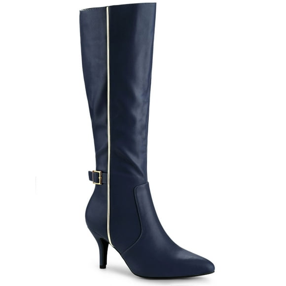 BLISSFUL STEP Women's Boots Knee High Stiletto Heel Boots Pointy Toe Buckle Zipper Boots Navy Blue 9