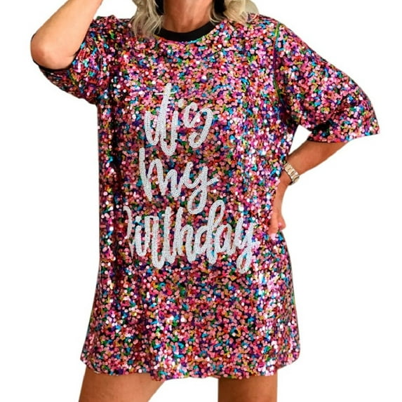 2Chique Boutique Women's It's My Birthday Sequin T Shirt Dress Multicolor PLUS Size Above The Knee