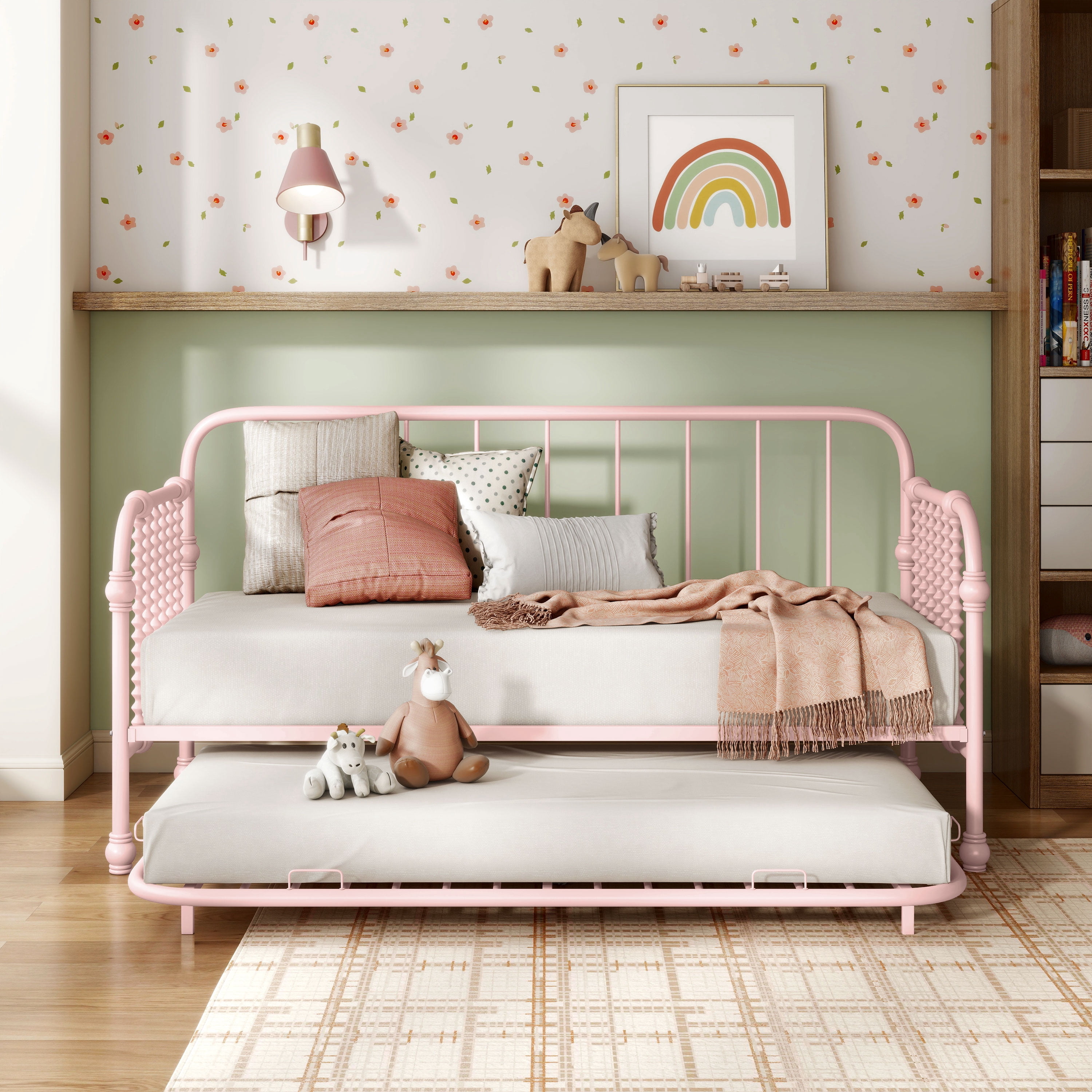 Furniture of America Wren Metal 2-Piece Twin Daybed with Trundle Set, Pink