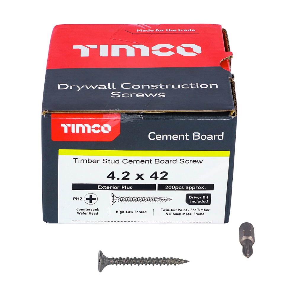 Timco - Drywall Construction Timber Stud Cement Board Screws - PH - Countersunk Wafer - Twin-Cut - Exterior - Silver Organic (Size 4.2 x 42 - 200 Pieces)