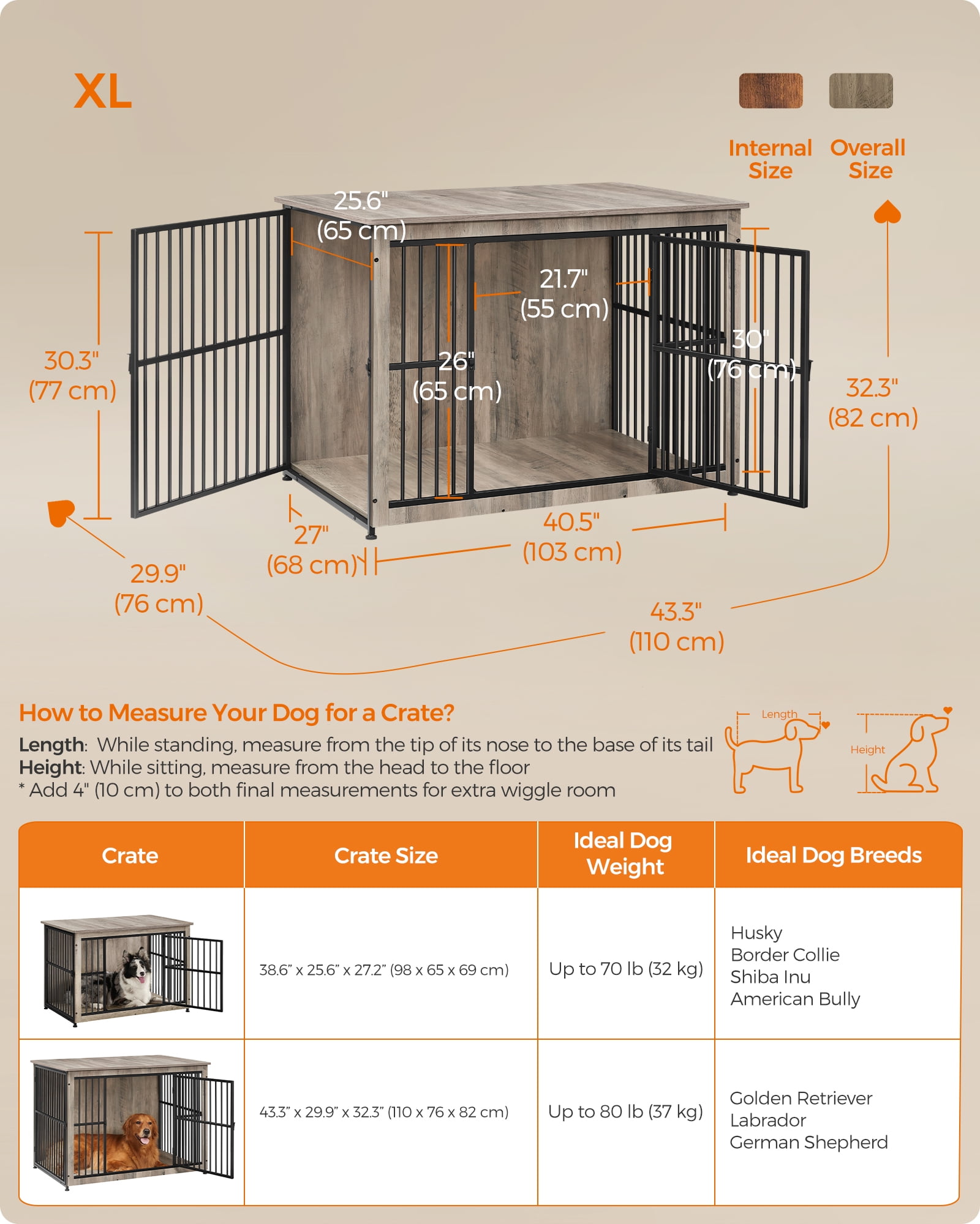 Feandrea Dog Crate Furniture, 43.3" Side End Table, Modern Kennel for Dogs Indoor up to 80 lb, Heavy-Duty Dog Cage with Enclosed Base, Double-Door Dog House, Heather Greige