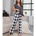 thumbnail image 3 of Conjunto de camisón informal para mujer, cuello en V, botones en la parte delantera, manga corta, cintura elástica, pantalones con cinturón de cuadros vichy, gris oscuro S, 3 of 8