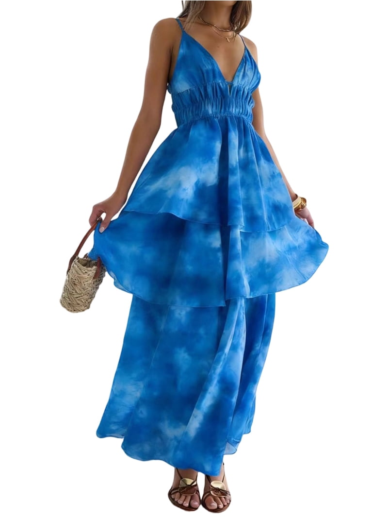 Tiered Ruffle Bridesmaid Dresses for Women Long Chiffon Deep V Neck  Sleeveless Slip Dresses Blue L - Walmart.com