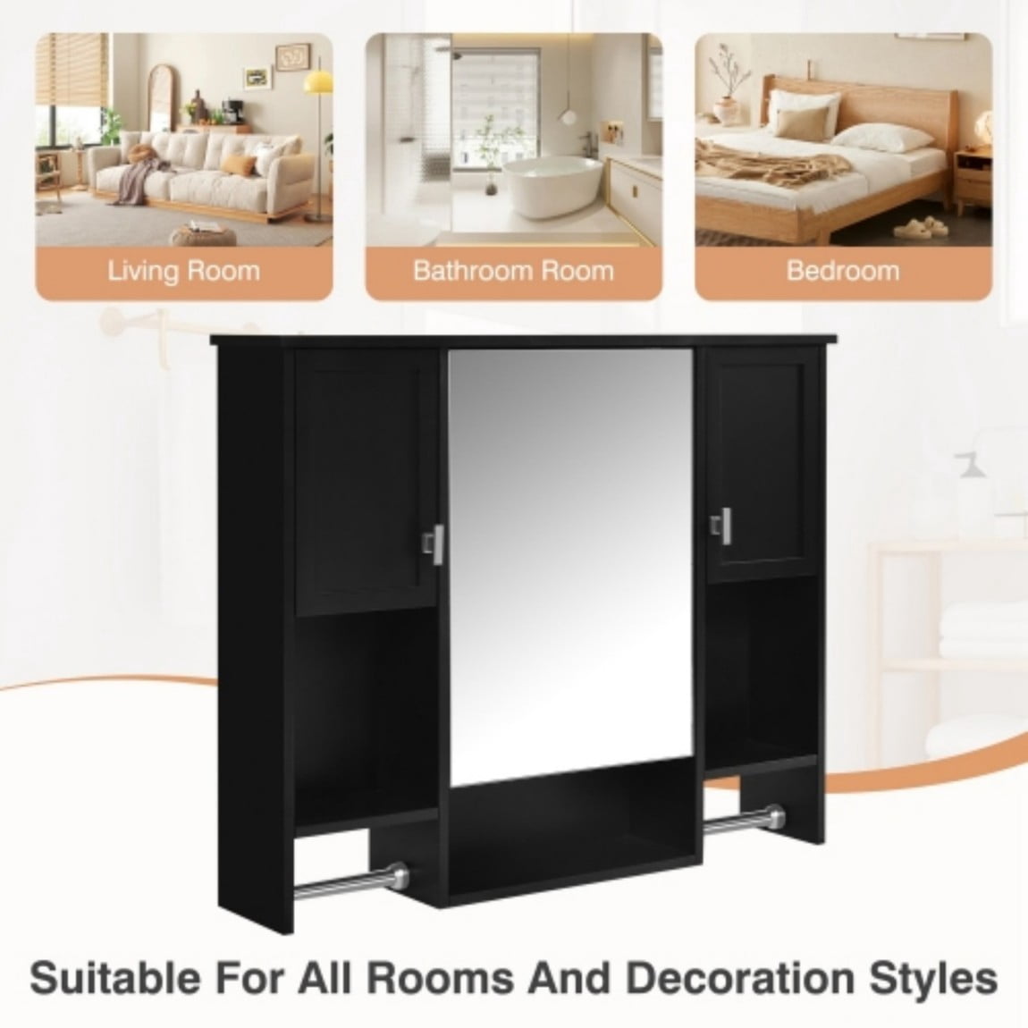 35"x 28" Wall Mounted Bathroom Medicine Cabinet with Mirror, Bathroom Storage Cabinet with Towel Bar, Adjustable Shelves, 3-Door MDF Wall Cabinet, Black