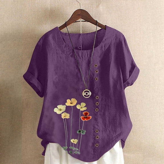 YueHuiYing Women's Fashion Casual Floral Print Short-Sleeve Cotton-Linen Blend Button-Up T-Shirt Top
