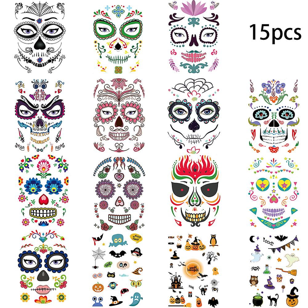 Halloween Face Stickers Halloween Face Tattoos Sheets Day Of The Dead Temporary Tattoo Sugar