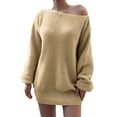 thumbnail image 2 of Women's Sweater Dress Knit Dress Long Sleeve Off Shoulder Solid Color Casual Winter Dress for Loungewear,Khaki,L, 2 of 7
