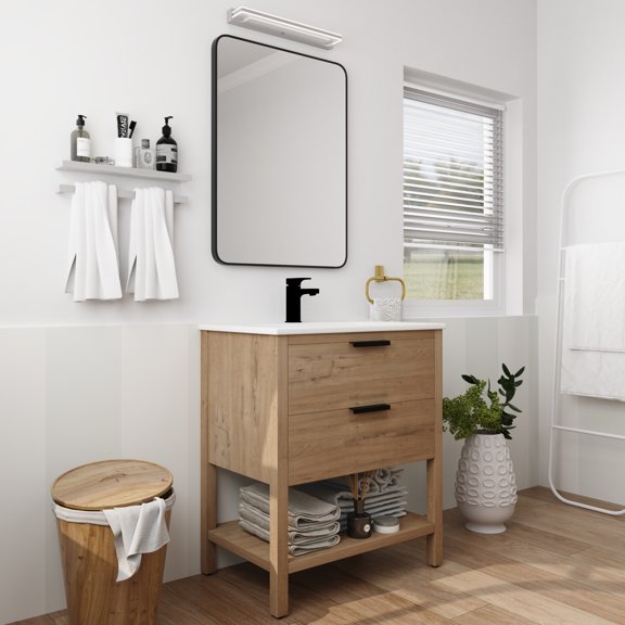 30 Inch Bathroom Vanity with Ceramic Sink, Plywood Freestanding Bathroom Storage Cabinet with 2 Drawers for Bathroom, Imitative Oak