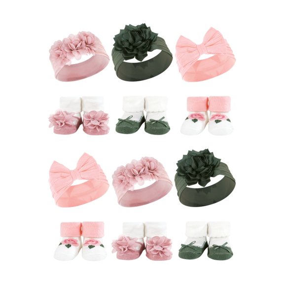 Hudson Baby Infant Girl 12Pc Headband and Socks Giftset, Pink Green, One Size