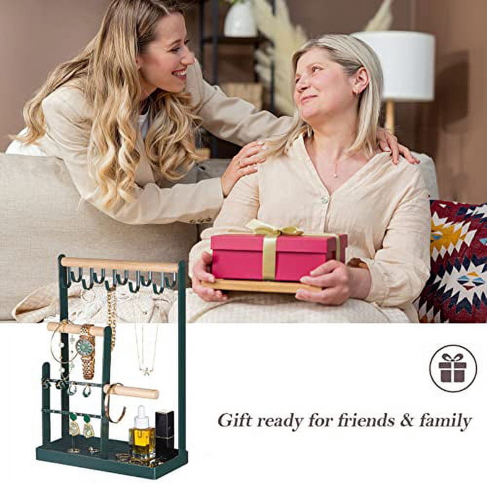 ProCase Jewelry Organizer Stand Necklace Holder, 4-Tier Jewelry Tower Rack with Earring Tray and Holes, 10 Hooks Necklaces Hanging Storage Tree Display for Bracelets Watches Earrings Rings -Green