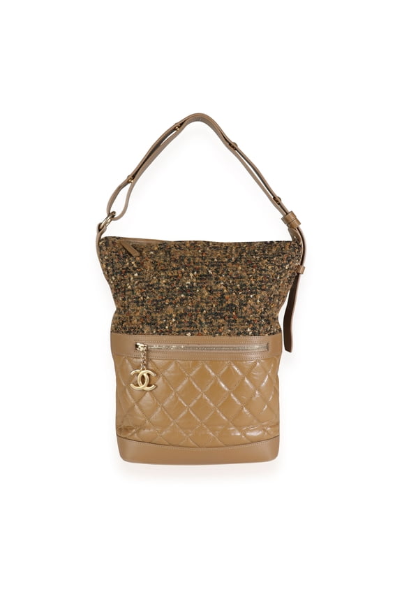 Pre-Owned Chanel Tweed & Camel Quilted Aged Calfskin Medium Casual Style Hobo