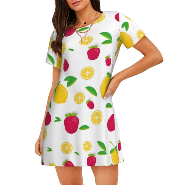 Fotbe Strawberry and Lemon Bata de Dormir para Mujer con Estampado, Camisón de Algodón de Manga Corta, Ropa de Dormir Casual