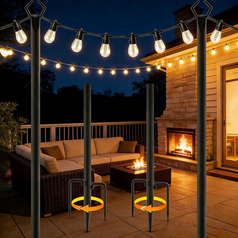4 Packs String Light Poles ,10Ft Light Poles for Outside Lights,Outdoor with Fence Brackets Hanging Lights,Metal Stand Deck Patio Backyard(10FT 2Pack Black)