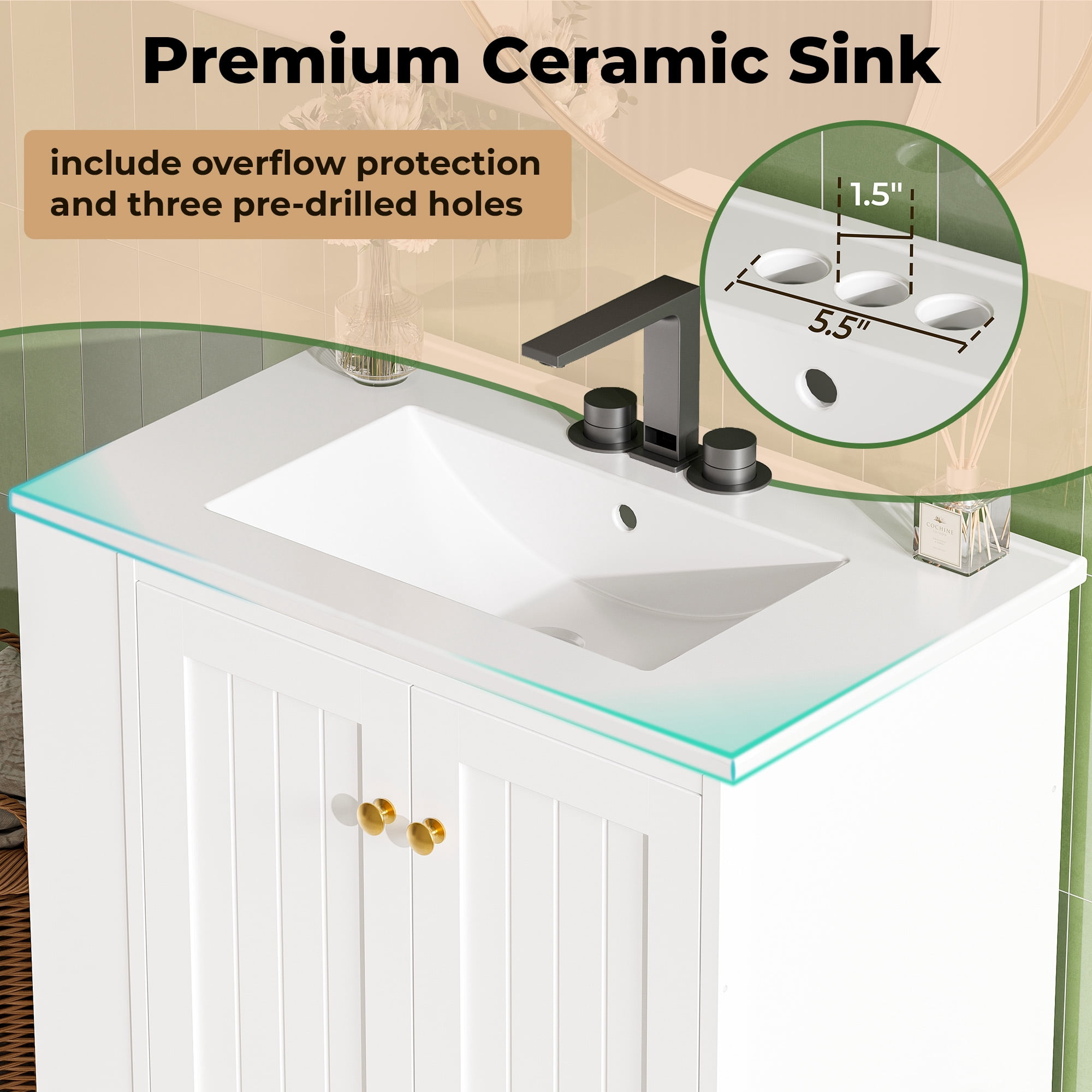 IRONCK 30" Bathroom Vanity with Ceramic Sink, Freestanding Bathroom Cabinet with Drawers, Doors and Side Storage, White