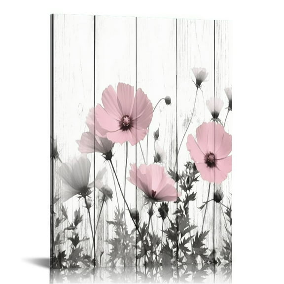 HOMICOZI Pink Floral Canvas Wall Art Funny Country Pink and Grey Flower on Wood Wall Art for Living Room, Rustic Vintage Framed Abstract Painting for Bedroom Bathroom Decor,