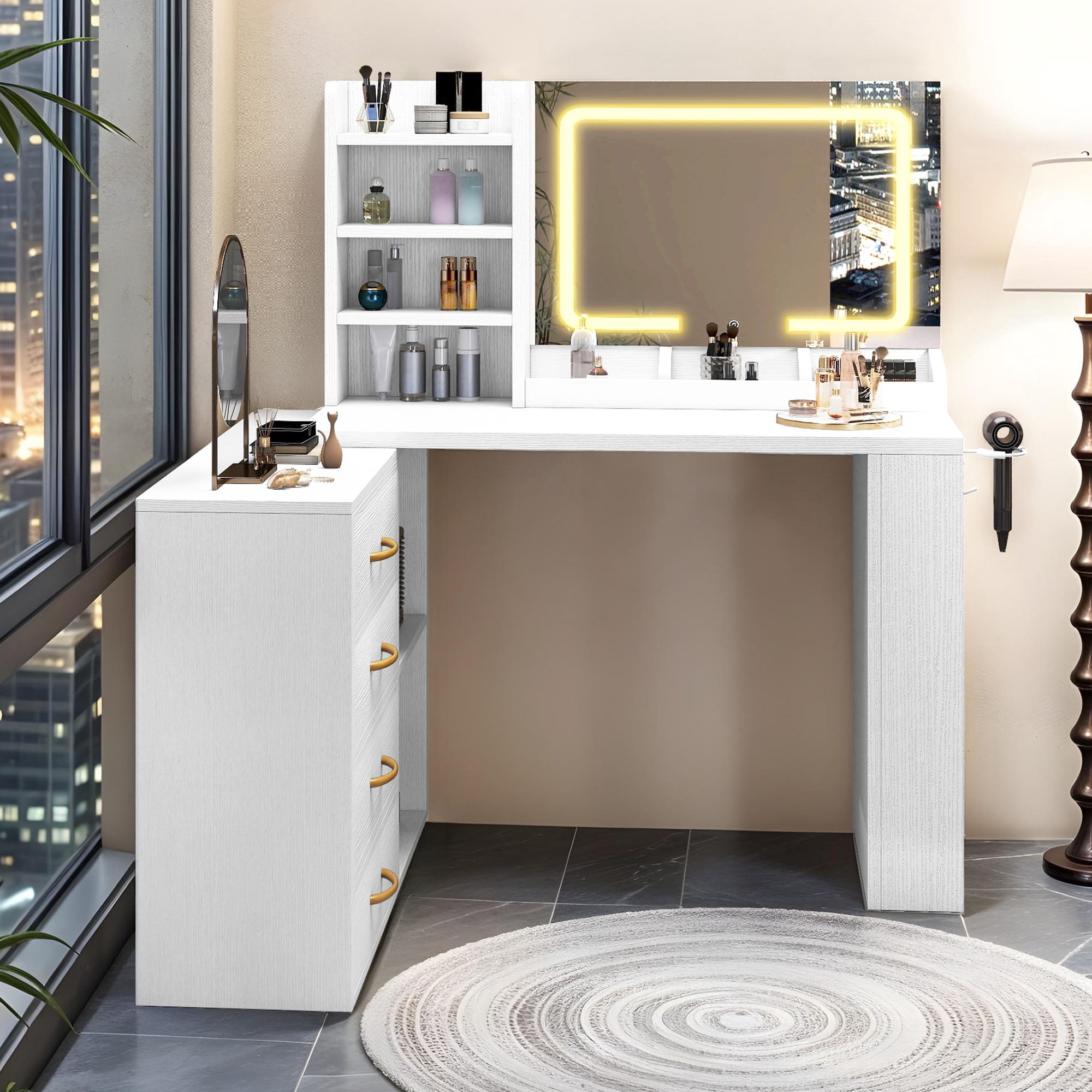 Uforic Makeup Vanity Desk with Mirror, 3 Lighting Modes, Charging Station, Storage Cabinet