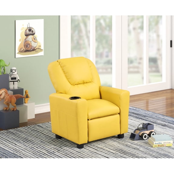 Kids Furniture Carisa 23"W Yellow PU Leather Kids Recliner Chair with Cupholder,Baby Furniture