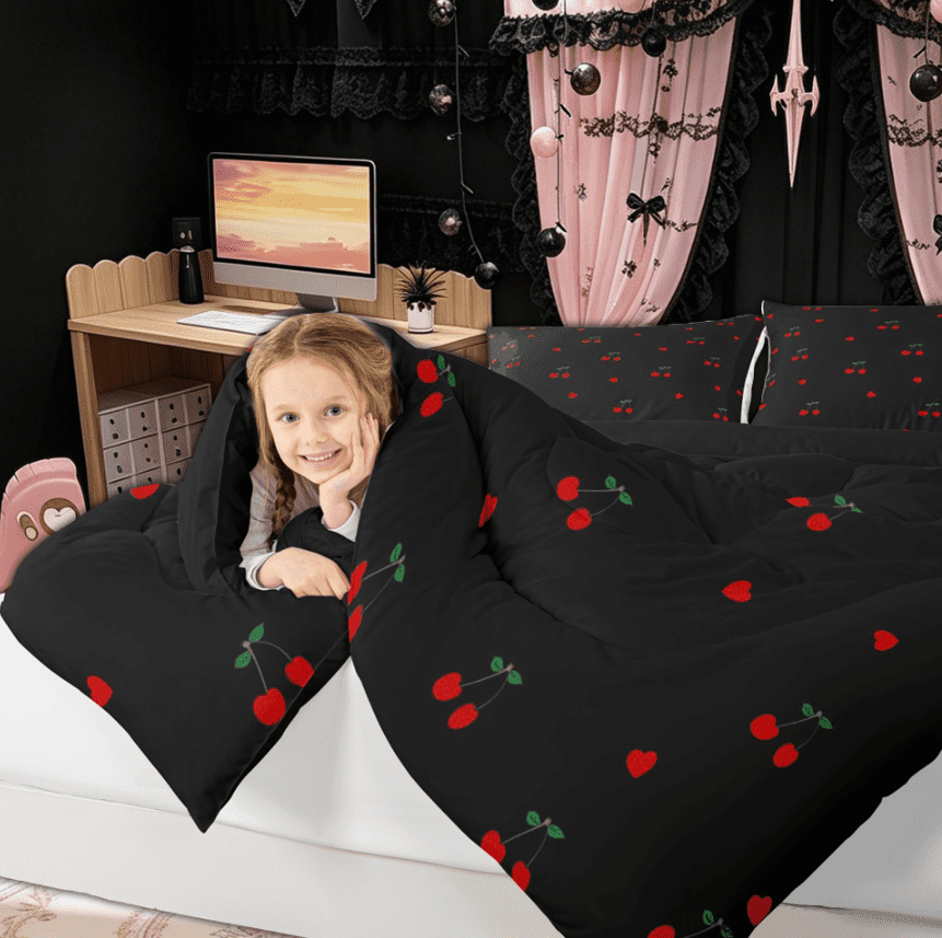 Manfei Kawaii Cute Cherry Full Size Comforter Sets for Kids Girls, Black Red Love Heart Bedding Comforter Set, Black Reversibles, 3pcs