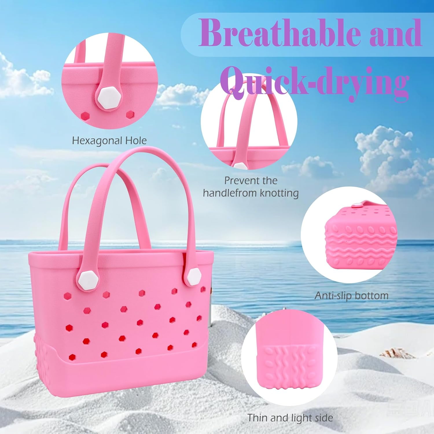 ROVTIULI Waterproof Sandproof Beach Bag for Women - Small Portable Plastic Rubber Tote, Washable Open Top Handbag for Outdoor Travel