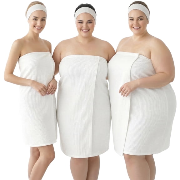 Appearus Women's Puffy Waffle Spa Wrap with Snap Closure Bathrobe Towel Body Wrap Around, White, S-L (AG01SL)