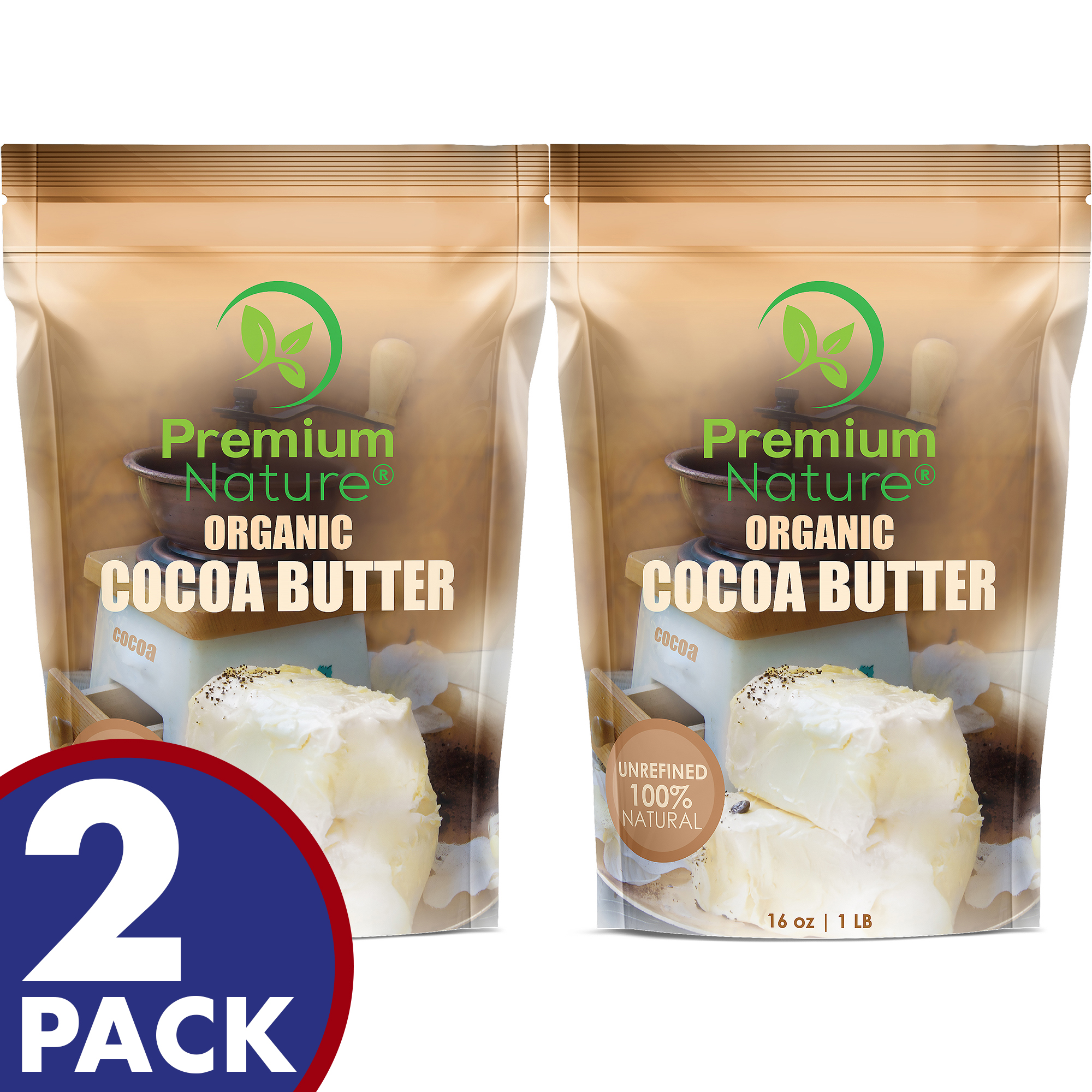 Organic Pure Raw Cocoa Butter 2 pack (1 lb x 2) Unrefined Natural Vegan Cacao Bar Anti Aging