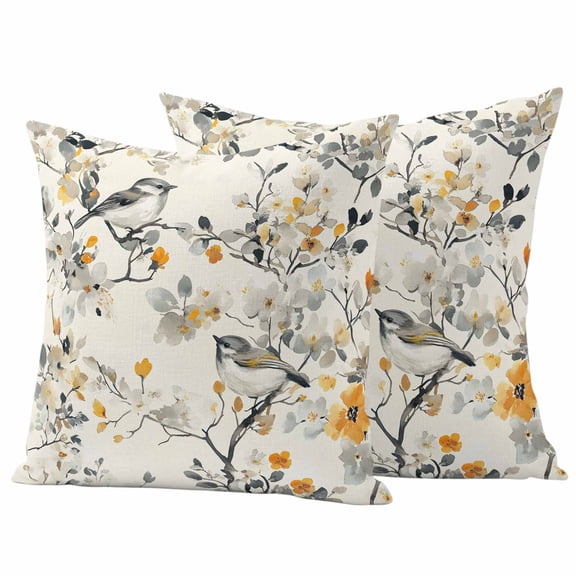 Yellow Grey Botanical Outdoor Waterproof Pillow Covers, Spring Floral Birds Vintage Decorative Square Throw Pillowcase Sofa Cushion Sham for Patio/Couch/Chair, 16"x16" 2 Pack