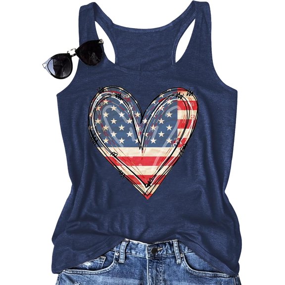 Heart Tank Top Women Patriotic Shirt American 4th of July Sleeveless Tops Blue