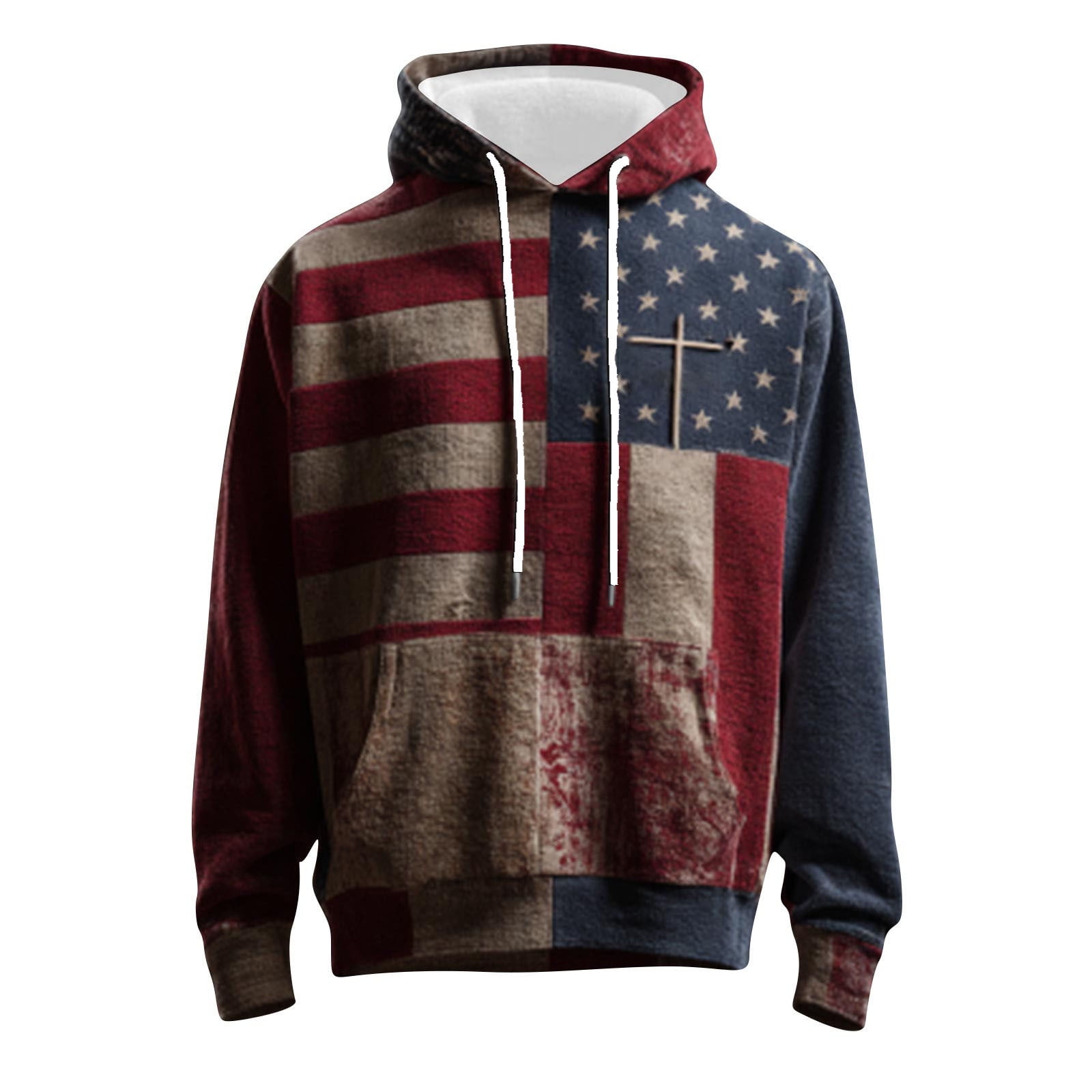 jsaierl Men's Hoodies Western Ethnic Style Drawstring Sweatshirts Distressed Hoodie Pullover Vintage USA Flag Hooded Sweatshirt with Pocket