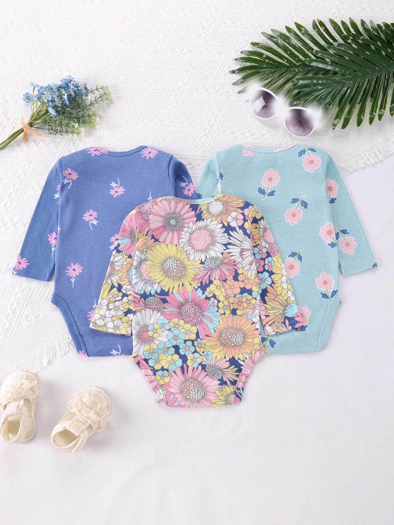 Bellafa 3-pack Long Sleeve Bodysuits One-piece 100% Organic Cotton for Infant Girls Floral Unicorn Onesies Baby Romper
