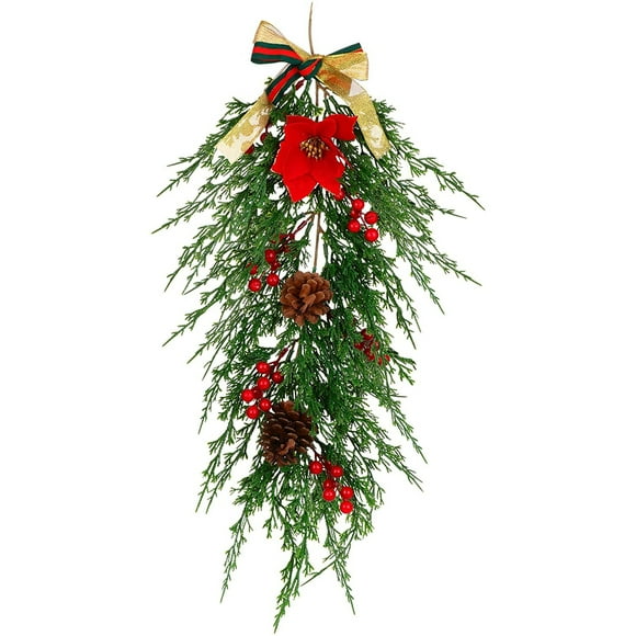 Artificial Christmas Pine Branch Poinsettia Teardrop Wreaths, Faux Winter Pine Cones Greens Frosted Red Berries Mixed Bell Christmas Swag