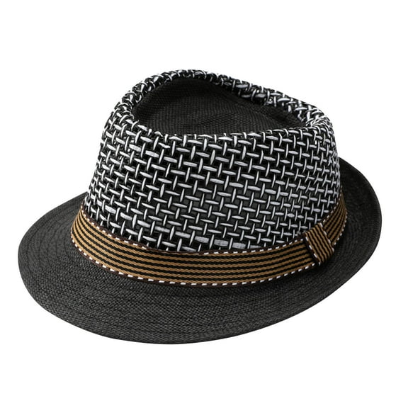 QSAWXQZ Men's Grid Hat Woven Fedora Cap with Striped Hatband and Short Brim for Summer Party and City Commuting Black Free Size
