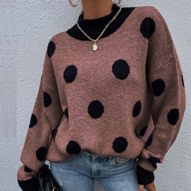 Chandail Tricoté à Pois Col Rond pour Femmes Mode Chandail Tricoté Haut Blouse